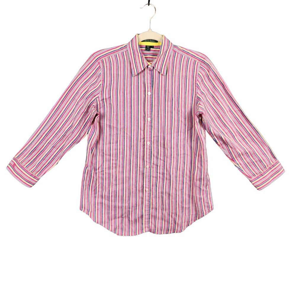 LRL Lauren Ralph Lauren Rainbow Pink Striped Linen Button Up Shirt SIZE SMALL